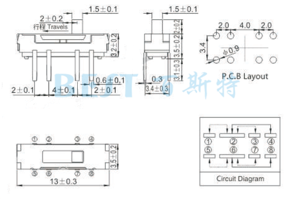 微型撥動開關(guān)MSS-23D38參考圖紙